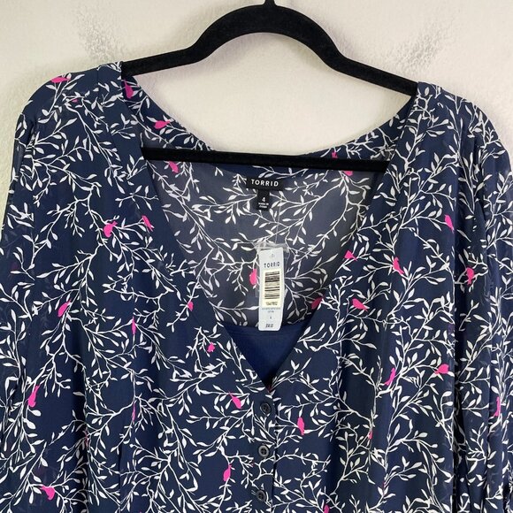 NEW $58 Torrid Womens Plus 4X Bird Print Shirt Dress Roll Tab Sleeve V Neck - Picture 4 of 12